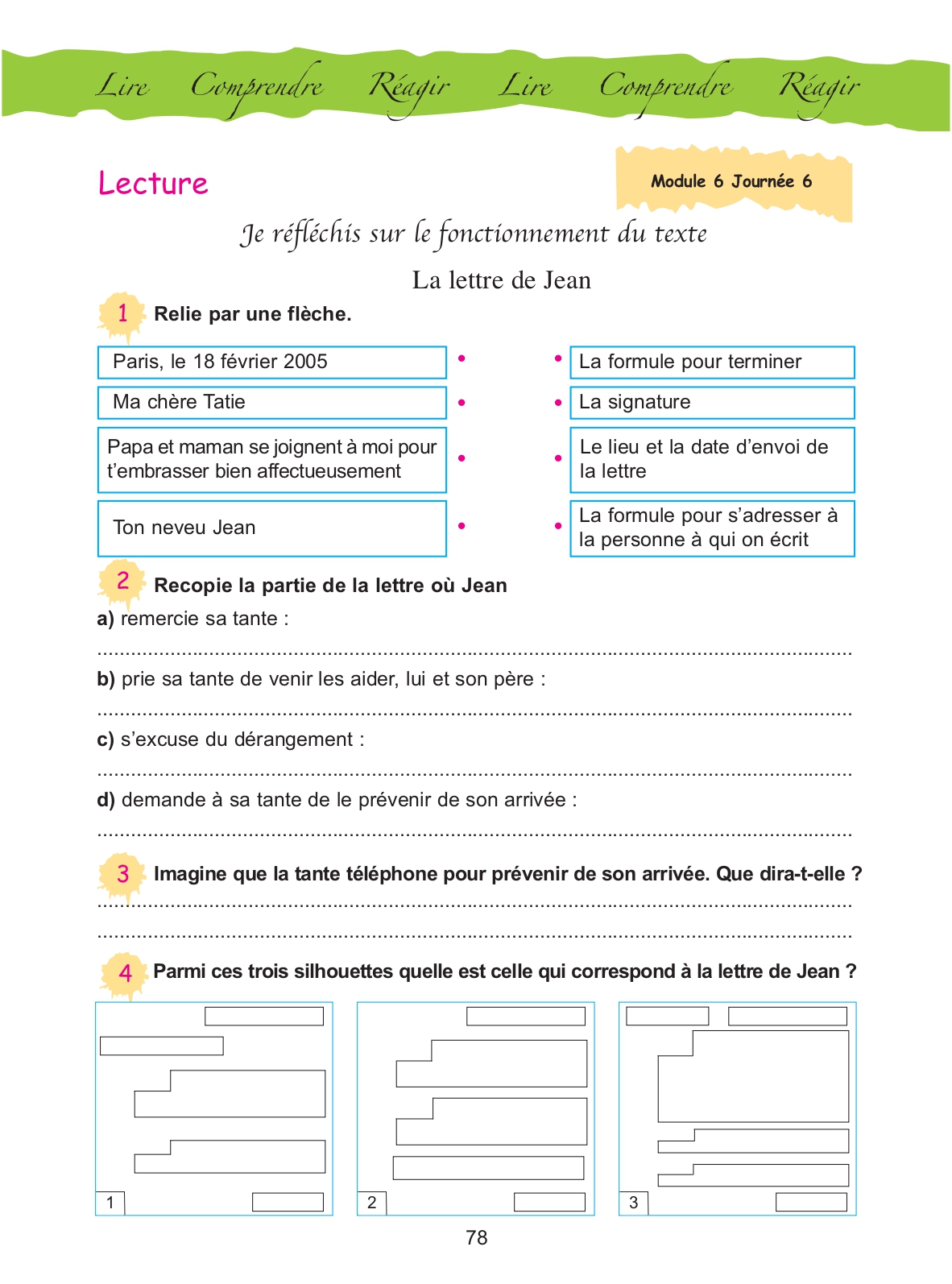 Cahier d'activités, page 78 : « Je réfléchis sur le fonctionnement du texte » — La lettre de Jean